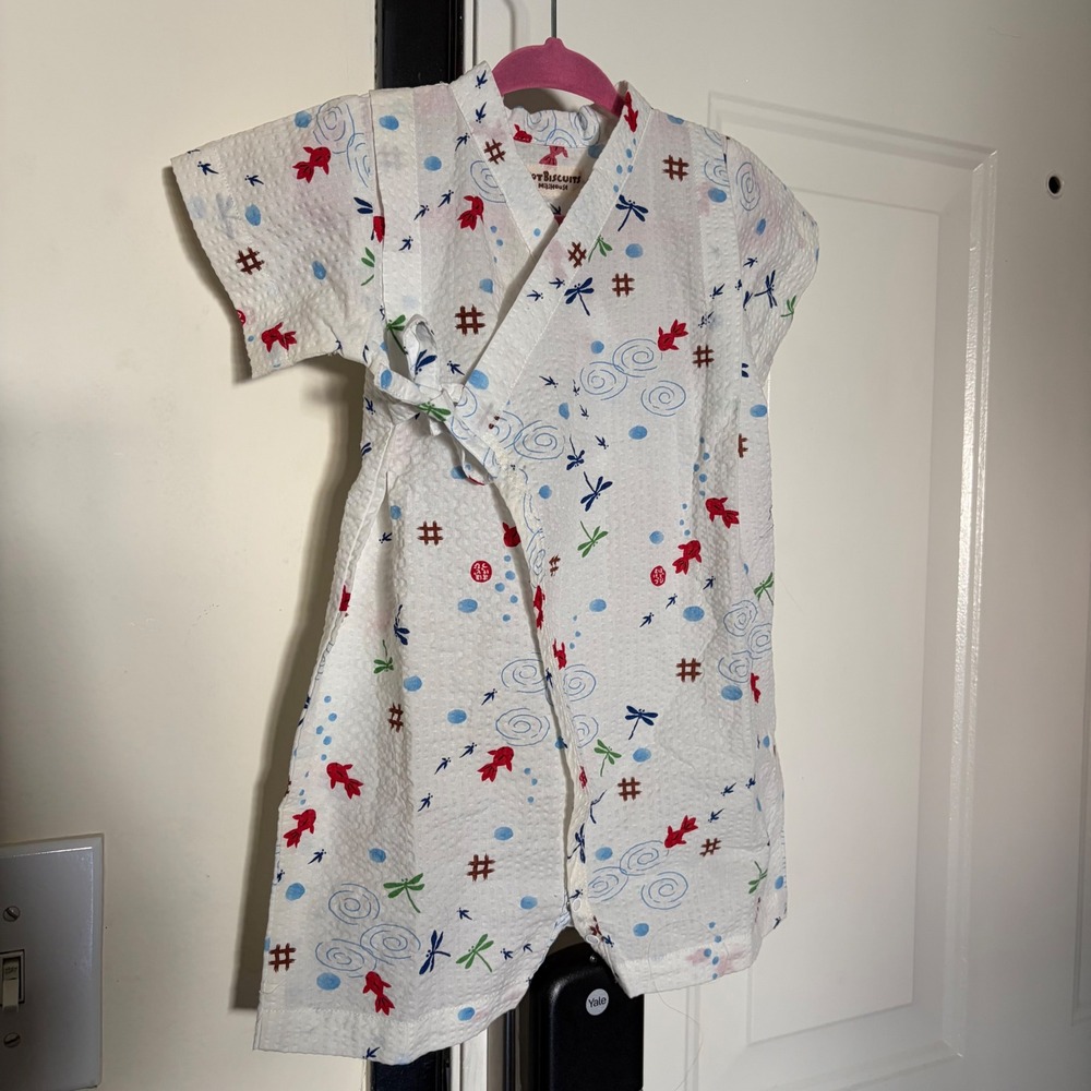 Miki House Hot Biscuits Baby Jinbei Romper Goldfish Dragonfly Print White 60-70